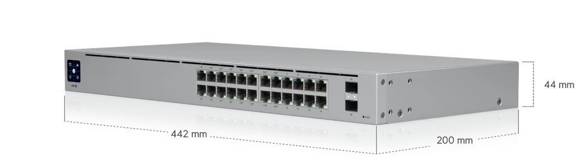 Kích thước USW-24-PoE 442 x 200 x 44 mm, chuẩn rack 1U Kích thước USW-24-PoE 442 x 200 x 44 mm, chuẩn rack 1U