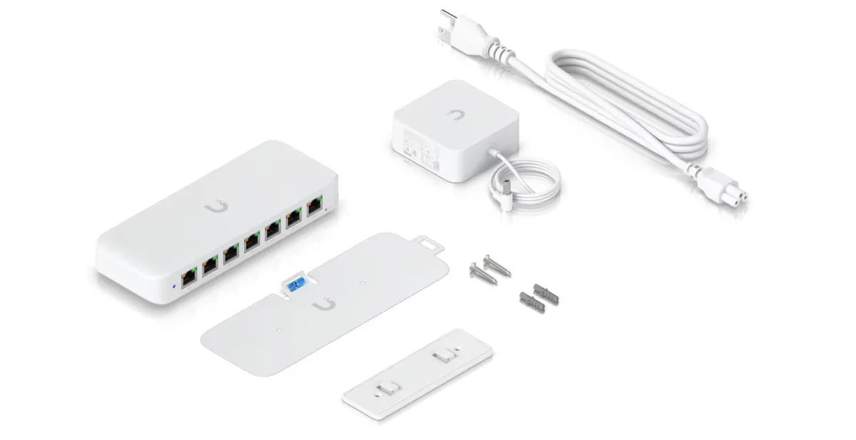 Phụ kiện USW-Ultra-60W: adapter nguồn AC, dây nguồn, bộ treo tường, ốc vít Phụ kiện USW-Ultra-60W: adapter nguồn AC, dây nguồn, bộ treo tường, ốc vít