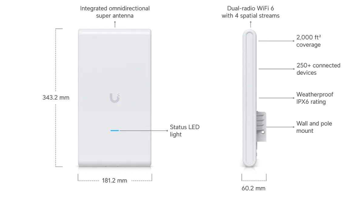 Kích thước UniFi U6 Mesh Pro 343.2 x 181.2 x 60.2 mm; WiFi 6 dual-radio 4 luồng, anten đa hướng, phủ 185 m², hơn 250 thiết bị, chống nước IPX6, gắn tường và cột Kích thước UniFi U6 Mesh Pro 343.2 x 181.2 x 60.2 mm; WiFi 6 dual-radio 4 luồng, anten đa hướng, phủ 185 m², hơn 250 thiết bị, chống nước IPX6, gắn tường và cột