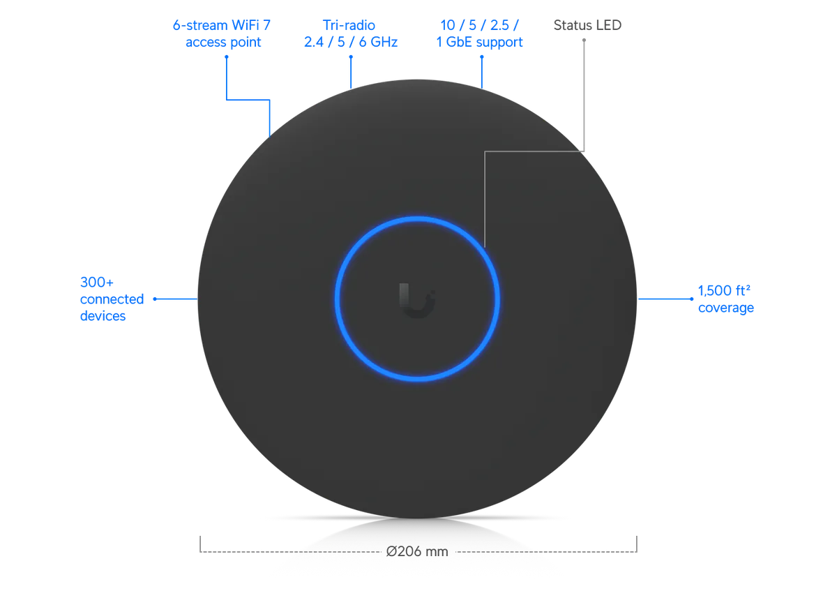 UniFi U7 Pro XG đen: WiFi 7 6 luồng, tri-band, 300+ thiết bị, phủ sóng 140 m² UniFi U7 Pro XG đen: WiFi 7 6 luồng, tri-band, 300+ thiết bị, phủ sóng 140 m²
