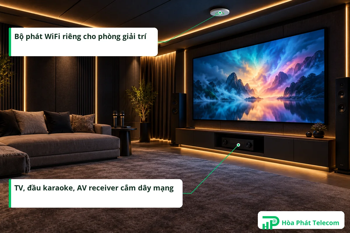 Phòng giải trí biệt thự xem phim 4K và hát karaoke với bộ phát WiFi ốp trần và thiết bị cắm dây mạng Phòng giải trí biệt thự xem phim 4K và hát karaoke với bộ phát WiFi ốp trần và thiết bị cắm dây mạng