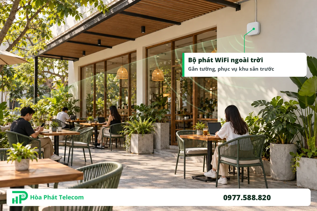 Bộ phát WiFi ngoài trời gắn tường phục vụ khu bàn sân trước quán cafe Bộ phát WiFi ngoài trời gắn tường phục vụ khu bàn sân trước quán cafe