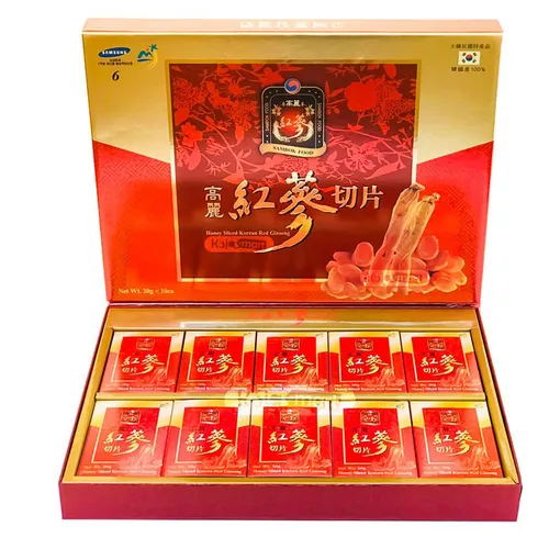 Hồng sâm Hàn Quốc thái lát tẩm mật ong chính hãng Sambok Hộp 10 Gói x 20G