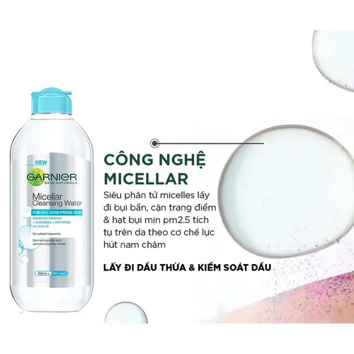 Nước Tẩy Trang Garnier Dành Cho Da Dầu Và Mụn 400ml (Mới) Micellar Cleansing Water For Oily & Acne-Prone Skin New