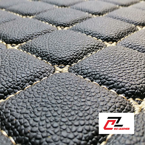 Soi bề mặt vải lót sàn 5D da PVC hình thoi sần đen chỉ kem Soi bề mặt vải lót sàn 5D da PVC hình thoi sần đen chỉ kem