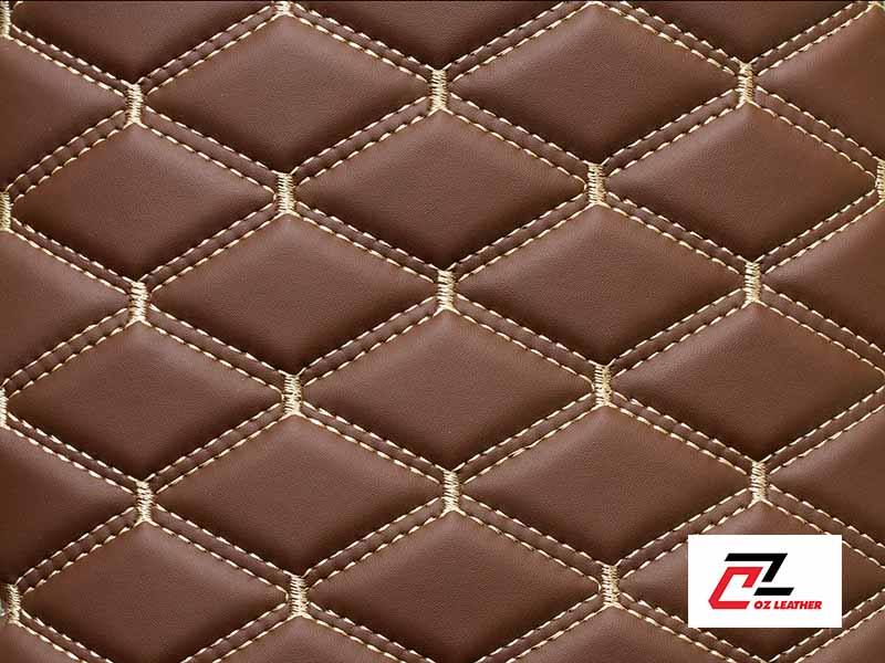 Vật liệu ốp trần Da PVC hình thoi nhẵn nâu chỉ kem 2 đường chỉ Vật liệu ốp trần Da PVC hình thoi nhẵn nâu chỉ kem 2 đường chỉ