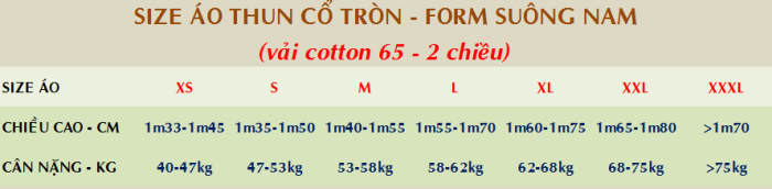 Bảng size áo thun cổ tròn form suông nam