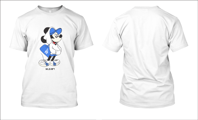 Mẫu thiết kế áo thun in logo chuột mickey xanh đeo balo và đi giày LA