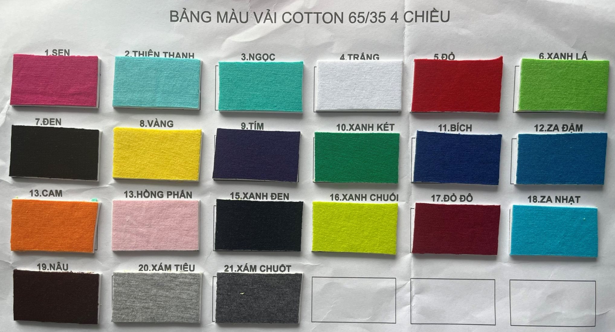Bảng màu vải thun cotton 65% 4 chiều 2023