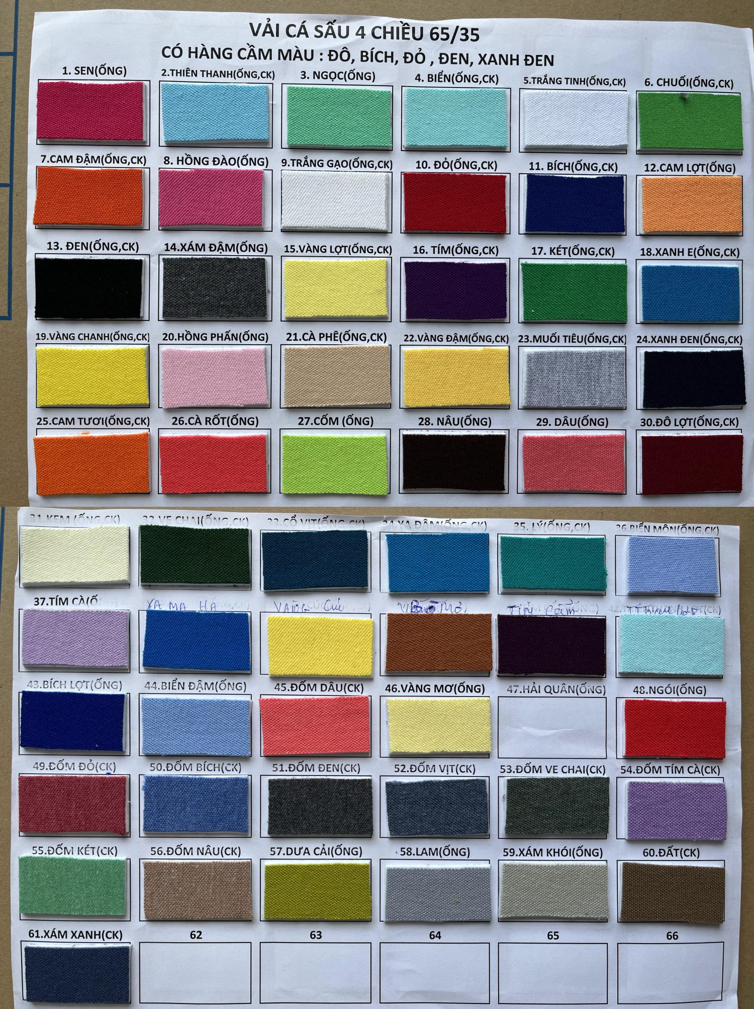 Bảng màu vải thun cotton 65% 4 chiều 2023