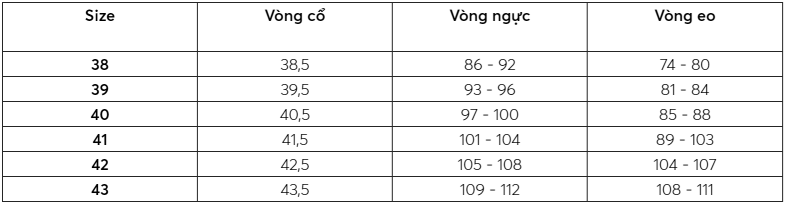 Bảng size áo sơ mi nam dáng Regualar