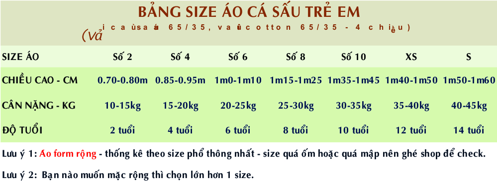 Bảng size áo thun cổ bẻ vải cá sấu form trẻ em