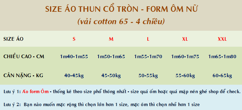 Bảng size áo thun cổ tròn ôm nữ
