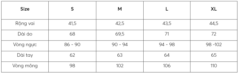 Bảng size áo vest nam