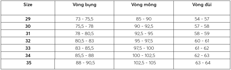 Bảng size quần âu, short, kaki dáng Regualar