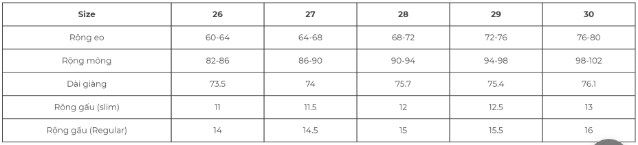 Bảng size quần jean & Kaki nữ