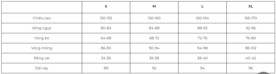 Bảng size váy nữ