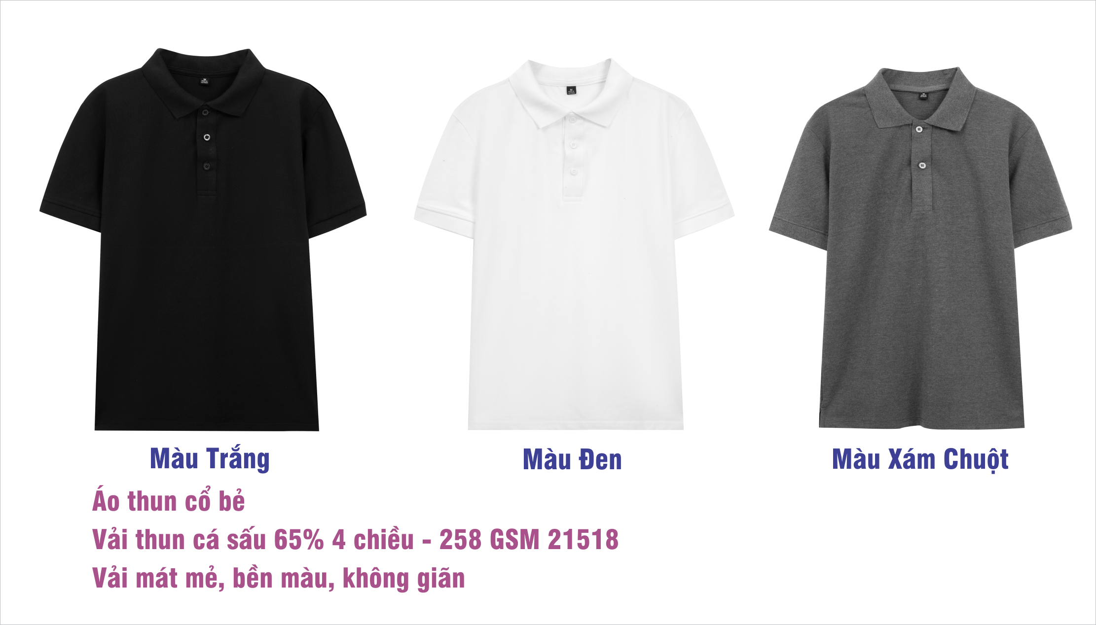 Áo thun cổ bẻ - vải thun cá sấu 65%ct, 4 chiều