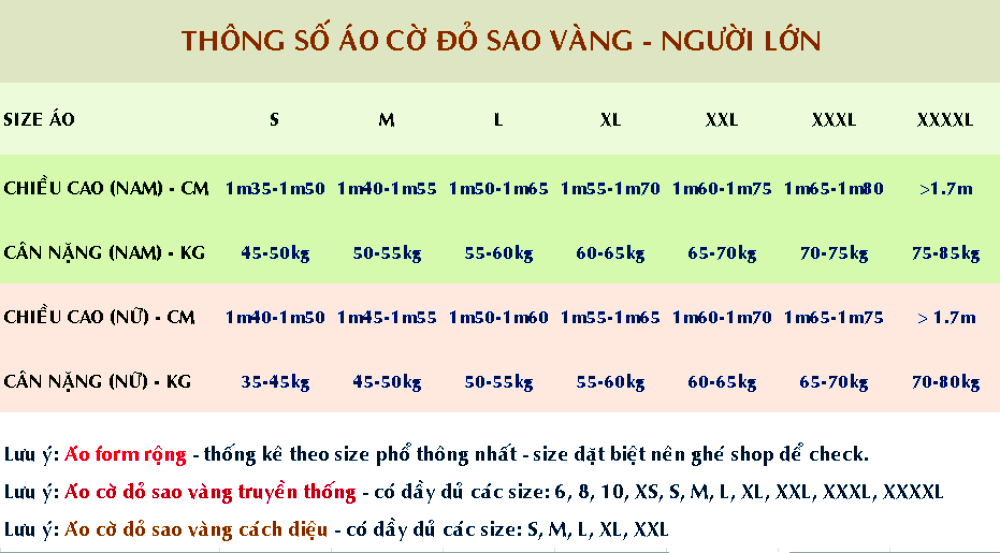 Bảng size áo cờ đỏ sao vàng bạn có thể tham khảo