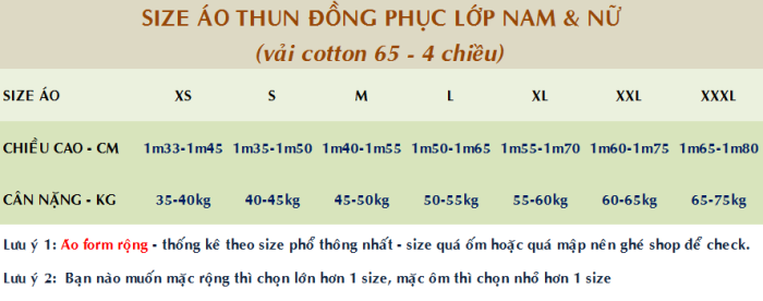 Bảng size áo thun cổ tròn form suông áo lớp