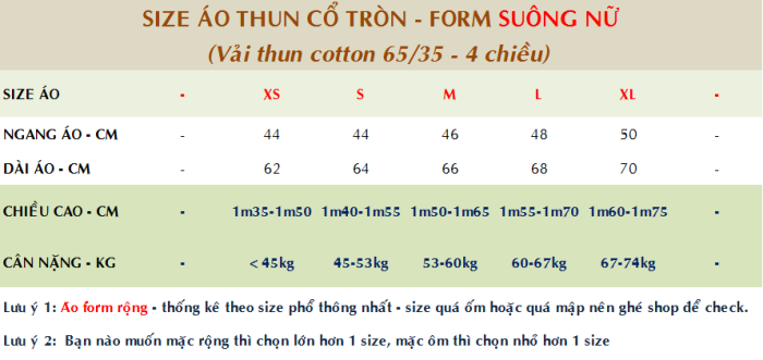 Bảng size áo thun cổ tròn form suông nữ 2 chiều