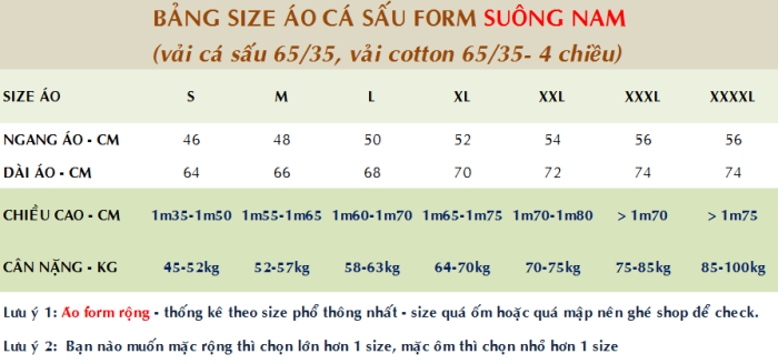 Bảng size áo thun cổ bẻ vải cá sấu form suông nam