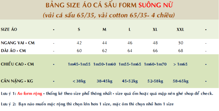 Bảng size áo thun cổ bẻ vải cá sấu form suông nữ