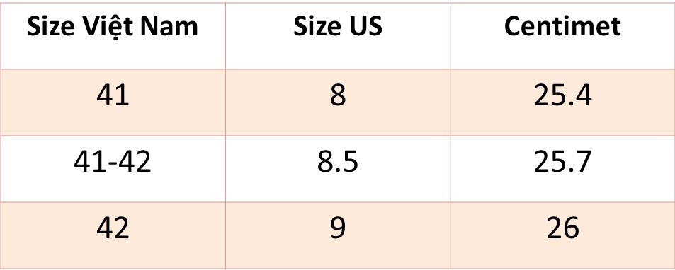 Size 42 giày nam tương đương size 8.5 - 9 US