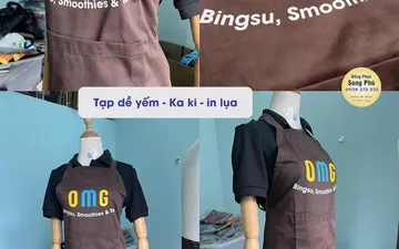 mẫu tạp dề pha chế, bếp, phục vụ quán OMG