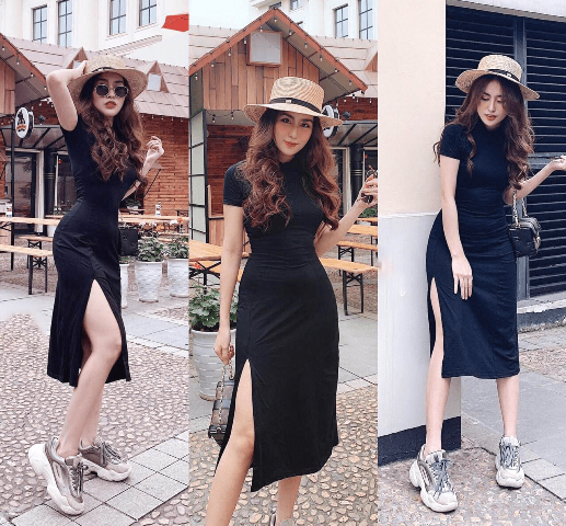 Mẫu đầm nữ màu đen may bằng thun cát