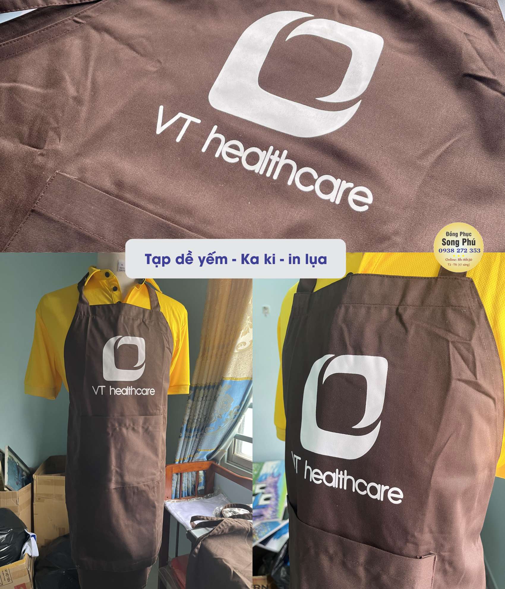 Mẫu tạp dề yếm VT Healthcare màu nâu in logo