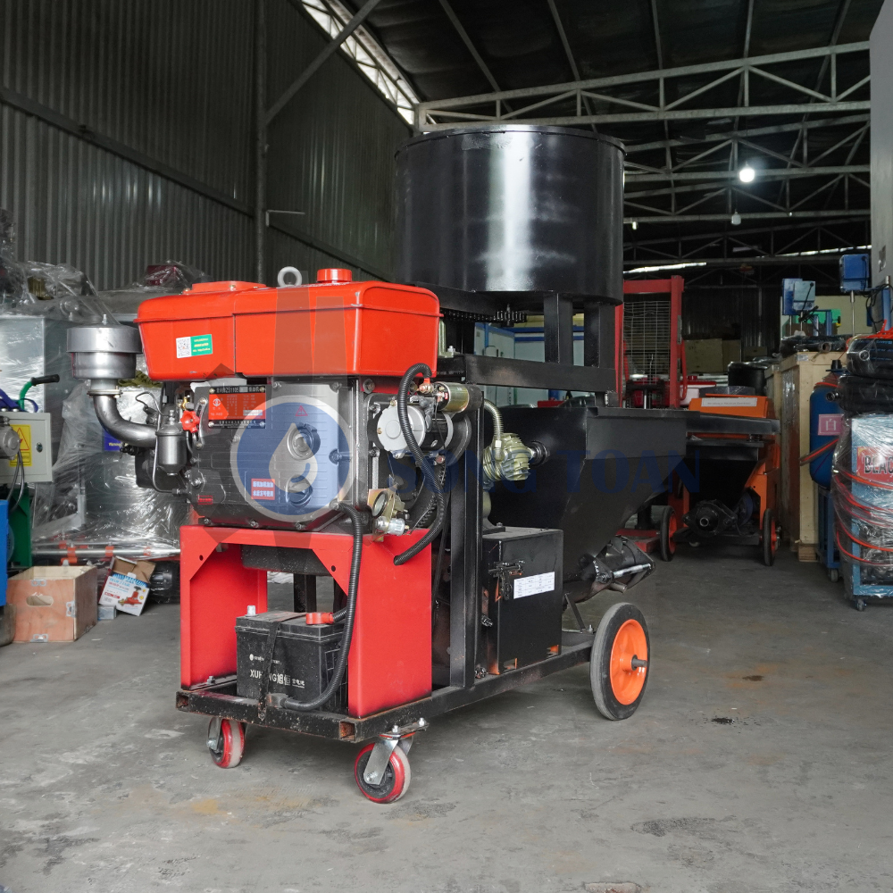 máy phun vữa chạy dầu tích hợp cối trộn