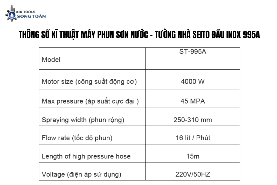THÔNG SỐ KĨ THUẬT MÁY PHUN SƠN NƯỚC - TƯỜNG NHÀ SEITO ĐẦU INOX 995A