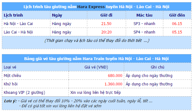 Giá vé tàu Sapa Hara Express Giá vé tàu Sapa Hara Express