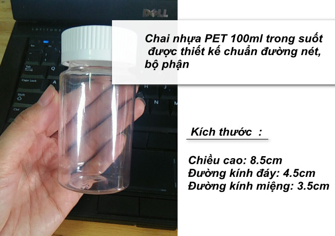 Kích thước của mẫu Chai nhựa PET 100ml trong suốt được thiết kế chuẩn đường nét, bộ phận