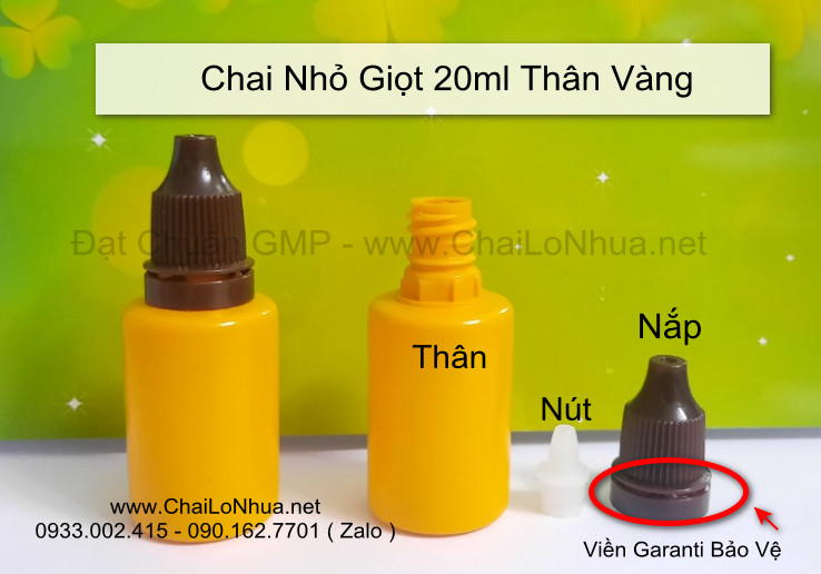 vỏ chai nhựa y tế nhỏ mắt 20ml povidone thân vàng nắp nâu