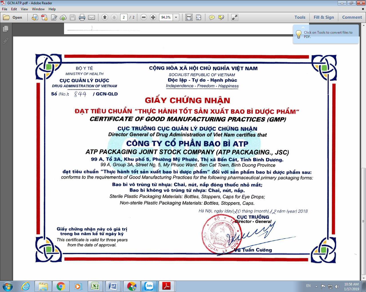 Giấy chứng nhận nhà máy đạt chuẩn GMP