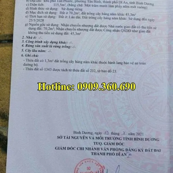 BÁN ĐẤT DĨ AN – Chính chủ cần bán lô đất đẹp  diện tích : 115,5m2 – Thổ cư : 70 m2, nở hậu - Phường Tân Bình, Thành phố  Dĩ An, tỉnh Bình Dương