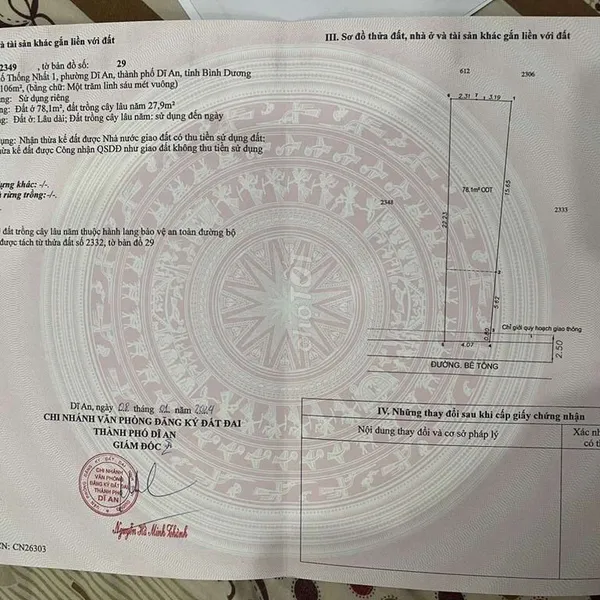 Mua bán đất Dĩ an Bình dương ? Chính chủ đang cần tiền bán gấp 5 lô đất m x 22,5 = 90 m2 , thổ cư 62m tại phường Dĩ An, TP Dĩ An, Bình Dương. 