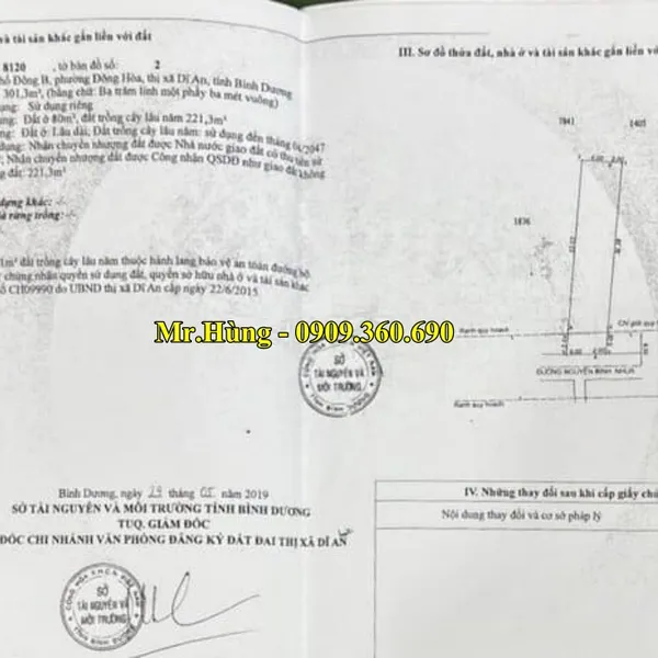 Mua bán đất Dĩ an Bình dương ? Chính chủ cần bán gấp lô Lô đất 8x37.6=301 m2, Thổ cư : 80 m2 mặt tiền đường Nguyễn Bính Đông Hoà Dĩ An.