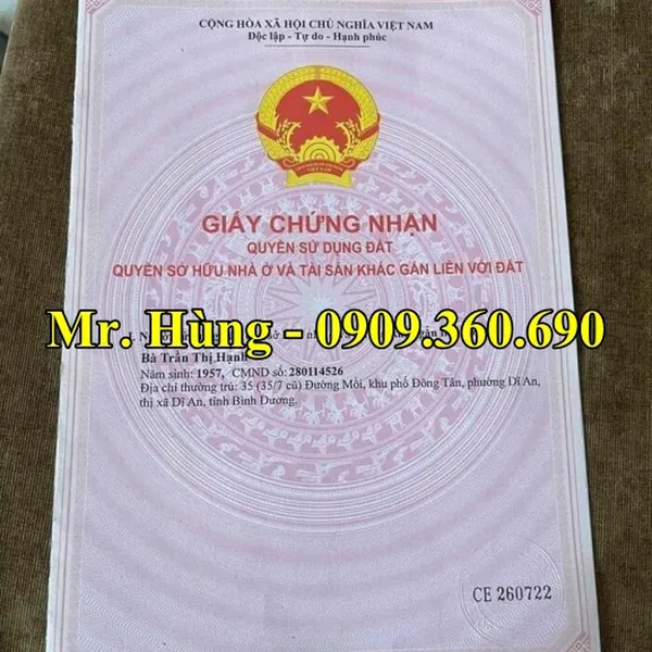 BÁN ĐẤT DĨ AN – Hotline : 0909.360.690 - Chính chủ cần bán lô đất 12x36=427 m2, Thổ cư :  234 m2 tại Tân Đông Hiệp, Thành phố Dĩ an, Bình dương