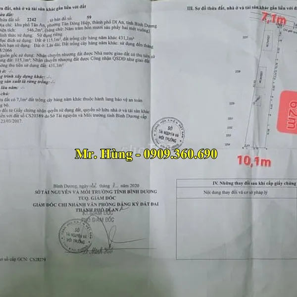 MUA ĐẤT DĨ AN GIÁ RẺ - 546m2  - nở hậu 10,1m – Thổ cư 115 m2  -  Phường Tân Đông Hiệp, Thành phố Dĩ an, Bình Dương- GIÁ CẢ HỢP LÝ 