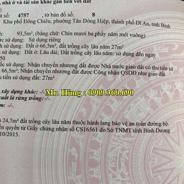 BÁN ĐẤT DĨ AN – Chính chủ cần bán gấp lô đất : 93,5 m2 , Thổ cư :  66,5m2 tại mặt tiền đường Trần Thị Dương, Tân Đông Hiệp Dĩ an Bình Dương