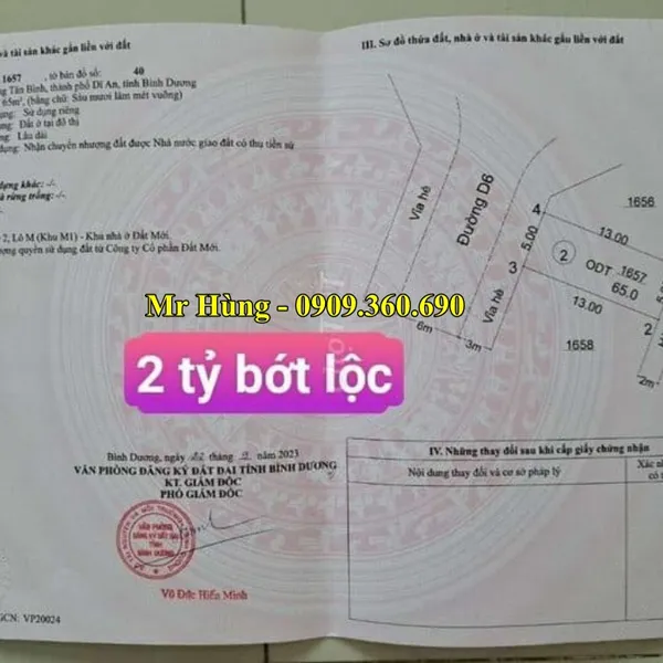 Mua bán đất Dĩ an Bình dương – Chính chủ cần tiền bán gấp lô đất 65m2 - Thổ cư 100% -  Gần Ngã Tư Chiêu Liêu, Phường Tân Bình, Thành phố Dĩ an, Bình dương.