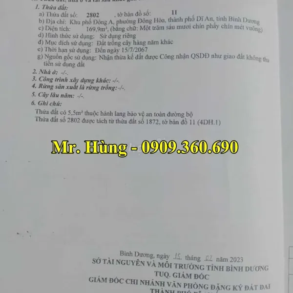 MUA ĐẤT NỀN DĨ AN - 169,9m2 -  Khu phố Đông An, phường Tân Đông Hiệp, Thành Phố Dĩ an, Bình dương.