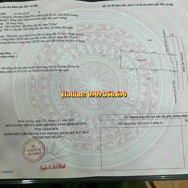 MUA ĐẤT NỀN DĨ AN- 85 m2 , Thổ cư :  61m2- Khu phố Đông B, phường Đông Hòa, Thành phố Dĩ An, Bình dương