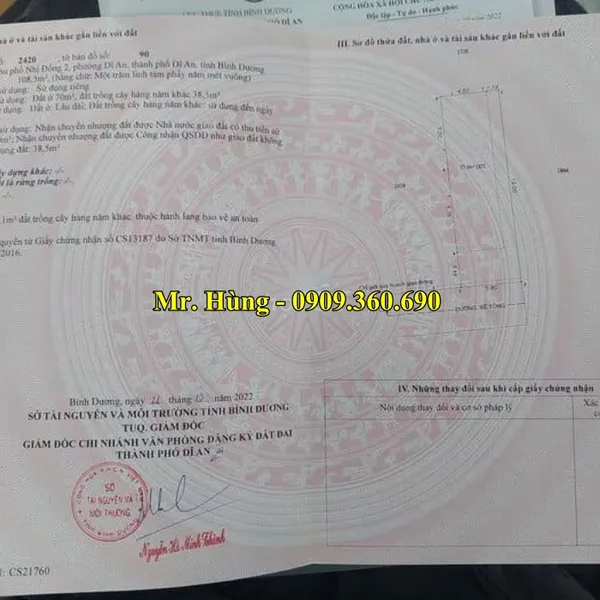 MUA ĐẤT DĨ AN? Chính chủ bán lô đất tại Ngô Thị Nhậm – Trung tâm hành chính Dĩ an, Bình dương. - Diện tích : 5,8x19,1=109 m2 – Thổ cư : 79 m2.