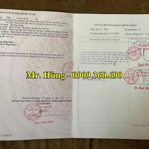 BÁN ĐẤT DĨ AN – Hotline : 0909.360.690 - Chính chủ cần bán lô đất 12x36=427 m2, Thổ cư :  234 m2 tại Tân Đông Hiệp, Thành phố Dĩ an, Bình dương