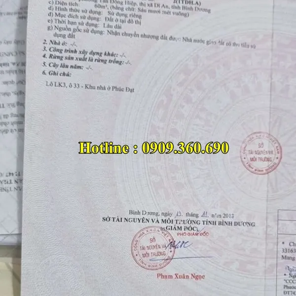 ĐẤT BÁN DĨ AN BÌNH DƯƠNG – Diện tích : 5x12=60 m2 , Thổ cư 100% :  60m2 - Chính chủ cần tiền lô đất tại Tân Đông Hiệp, Dĩ An, Bình dương.