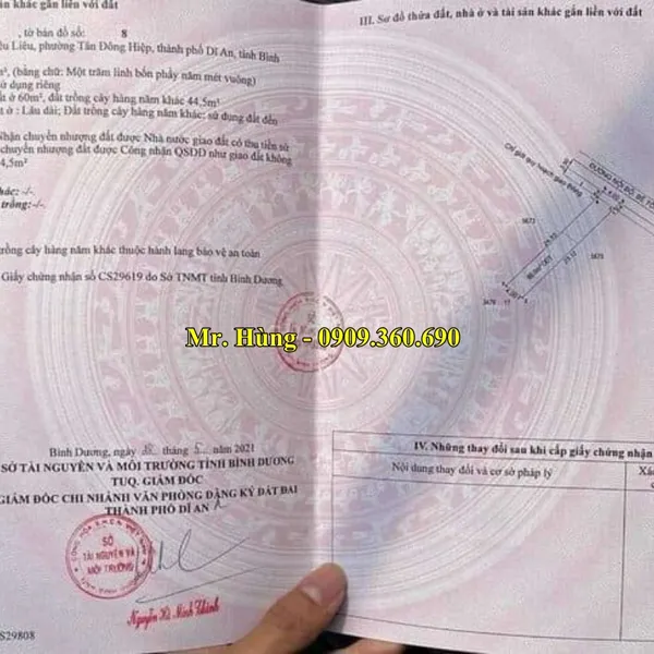 ĐẤT DĨ AN CHÍNH CHỦ – Diện tích 104,5m2 - Chính chủ cần bán lô đất tại Khu phố Chiêu Liêu, Phường Tân Đông Hiệp, Thành Phố Dĩ an, Bình dương. 